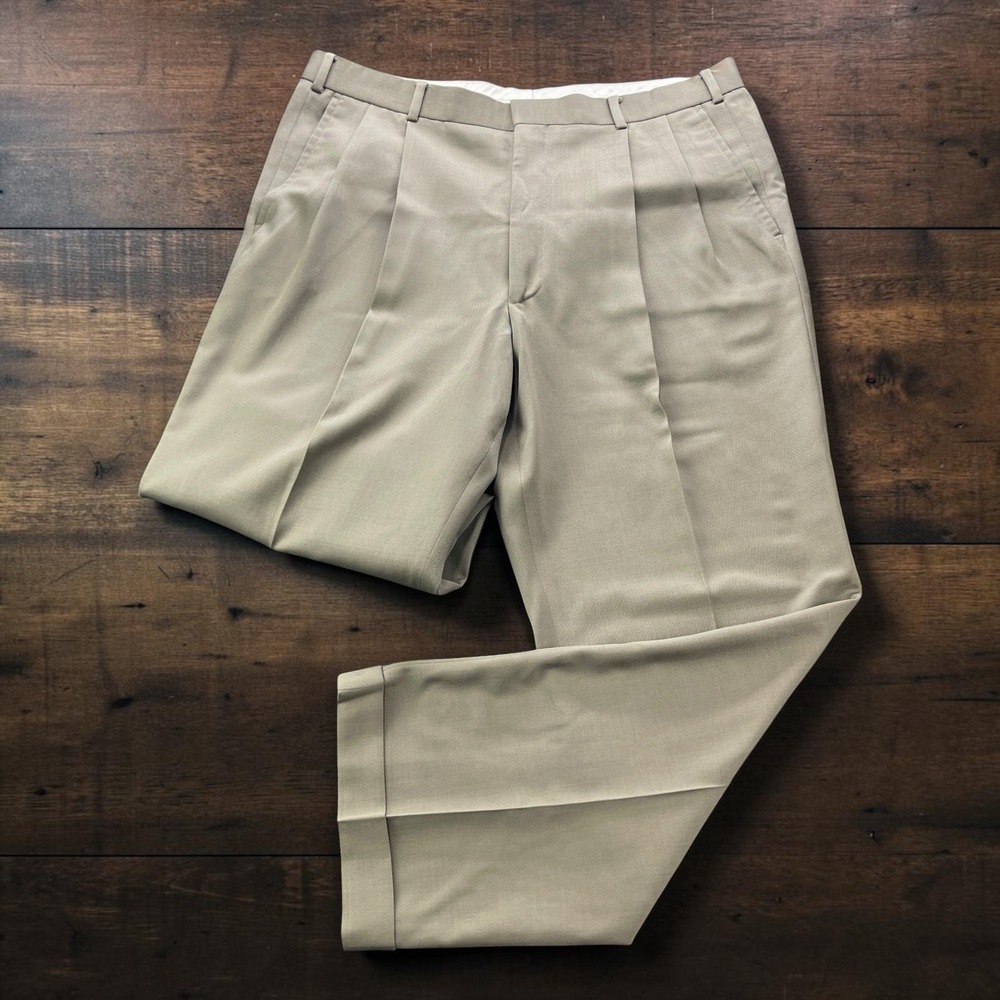 Vintage Brooks Brothers Mens W38xL30 Tan Wool Double Pleated Cuffed Dress Pants